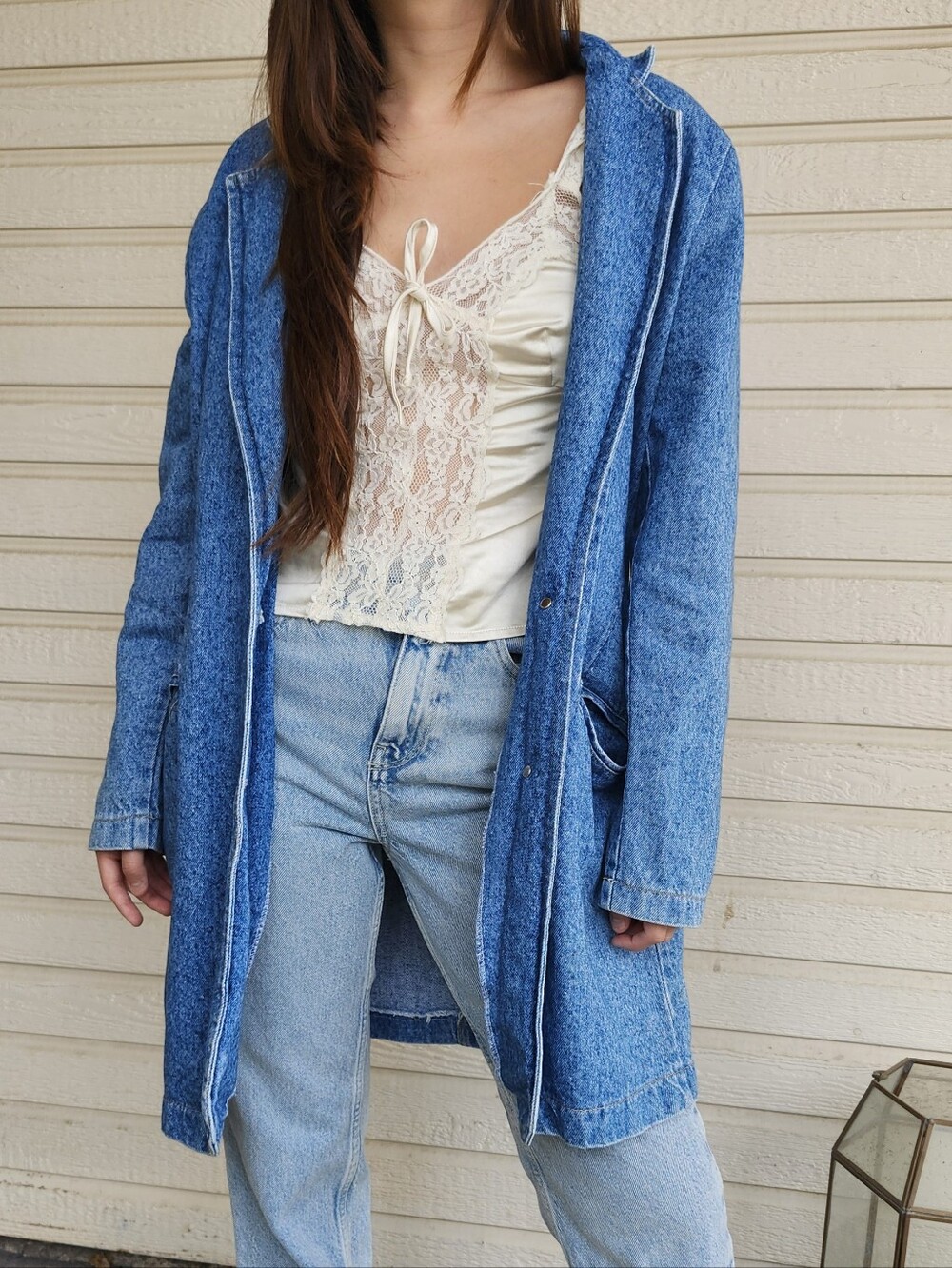 Vintage 80's Beverly Hills Denim Company Long Denim Blazer Jacket Size Medium